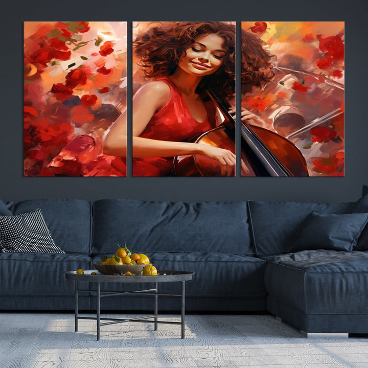 The "Abstract African American Musician Woman Playing the Cello" is a stunning three-panel piece presented on a gallery-wrapped, museum-quality canvas. It depicts a woman in red playing a cello amidst abstract red flowers. The artwork features a UV-protective coating to preserve its vibrant beauty when mounted on a white wall.