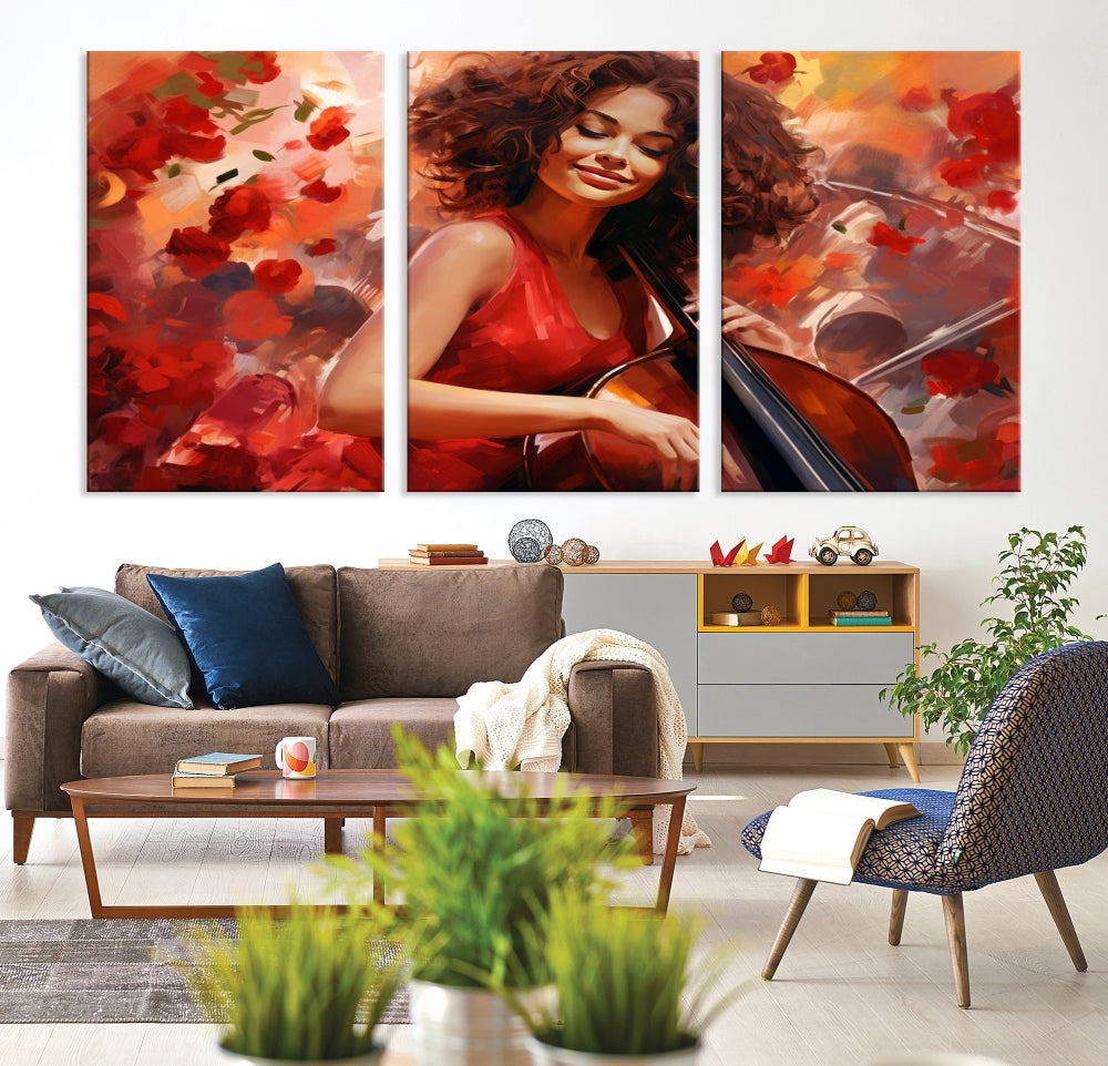 The "Abstract African American Musician Woman Playing the Cello" is a stunning three-panel piece presented on a gallery-wrapped, museum-quality canvas. It depicts a woman in red playing a cello amidst abstract red flowers. The artwork features a UV-protective coating to preserve its vibrant beauty when mounted on a white wall.