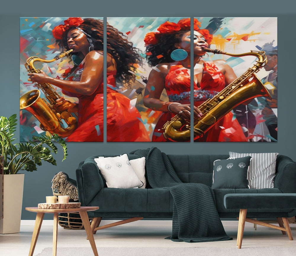 The "Abstract African American Saxophonist Musician Women Wall Art" features a three-panel design depicting two women in red dresses playing saxophones. This premium canvas boasts a gallery-quality finish that enhances any living space with its vibrant charm.