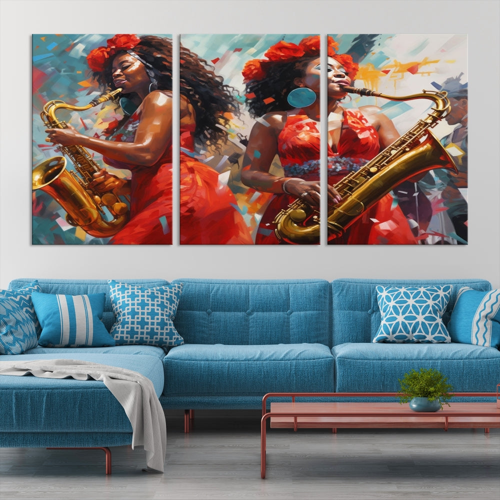 The "Abstract African American Saxophonist Musician Women Wall Art" features a three-panel design depicting two women in red dresses playing saxophones. This premium canvas boasts a gallery-quality finish that enhances any living space with its vibrant charm.