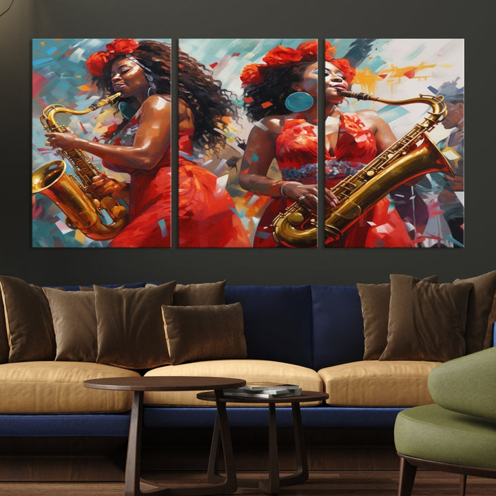 The "Abstract African American Saxophonist Musician Women Wall Art" features a three-panel design depicting two women in red dresses playing saxophones. This premium canvas boasts a gallery-quality finish that enhances any living space with its vibrant charm.