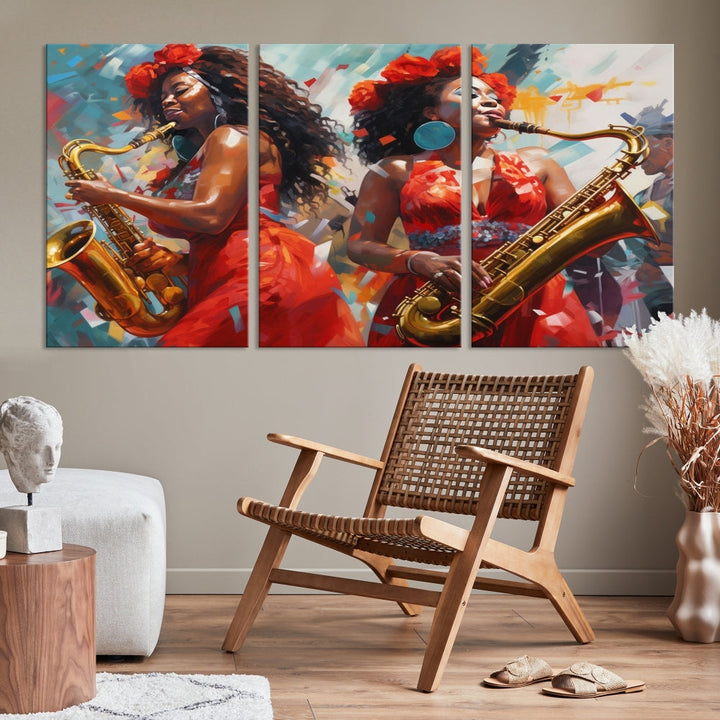 The "Abstract African American Saxophonist Musician Women Wall Art" features a three-panel design depicting two women in red dresses playing saxophones. This premium canvas boasts a gallery-quality finish that enhances any living space with its vibrant charm.