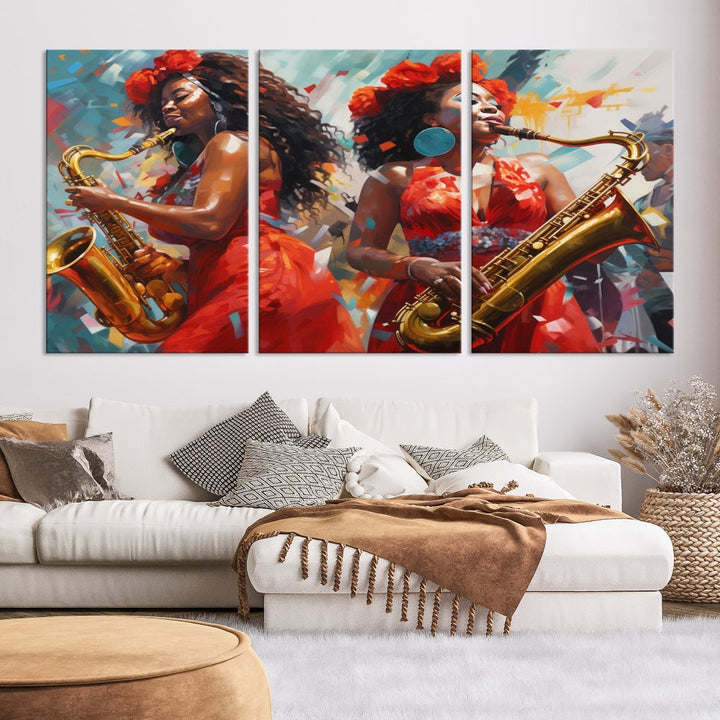 The "Abstract African American Saxophonist Musician Women Wall Art" features a three-panel design depicting two women in red dresses playing saxophones. This premium canvas boasts a gallery-quality finish that enhances any living space with its vibrant charm.