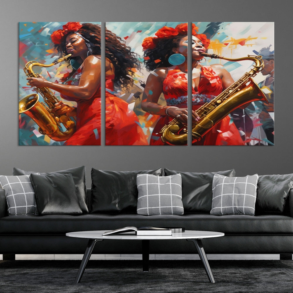 The "Abstract African American Saxophonist Musician Women Wall Art" features a three-panel design depicting two women in red dresses playing saxophones. This premium canvas boasts a gallery-quality finish that enhances any living space with its vibrant charm.