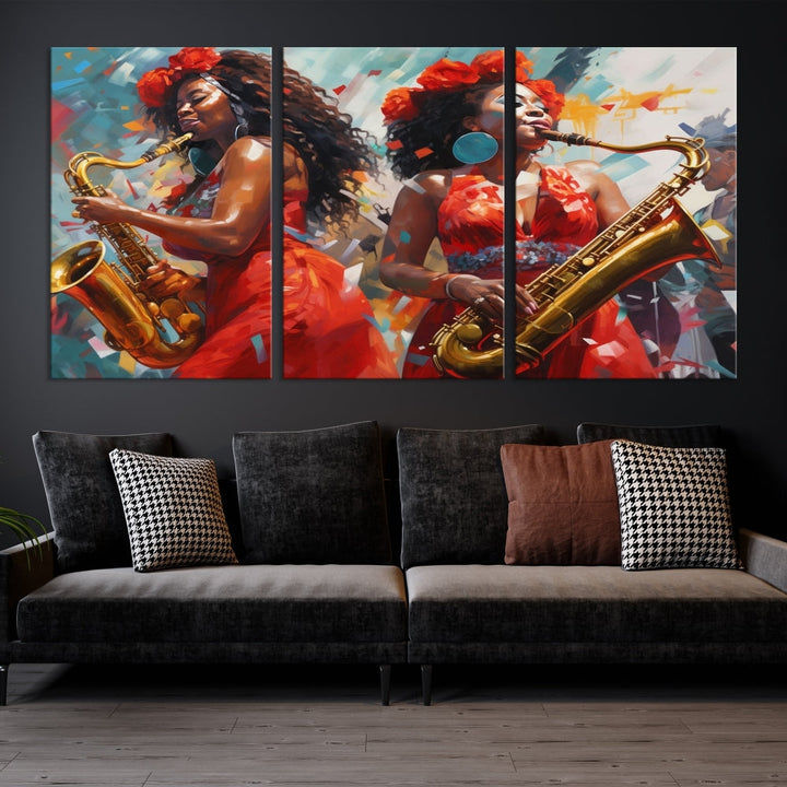 The "Abstract African American Saxophonist Musician Women Wall Art" features a three-panel design depicting two women in red dresses playing saxophones. This premium canvas boasts a gallery-quality finish that enhances any living space with its vibrant charm.