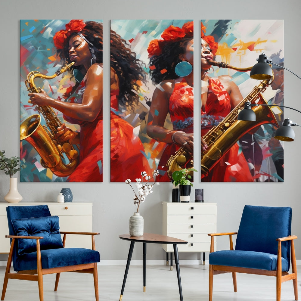 The "Abstract African American Saxophonist Musician Women Wall Art" features a three-panel design depicting two women in red dresses playing saxophones. This premium canvas boasts a gallery-quality finish that enhances any living space with its vibrant charm.