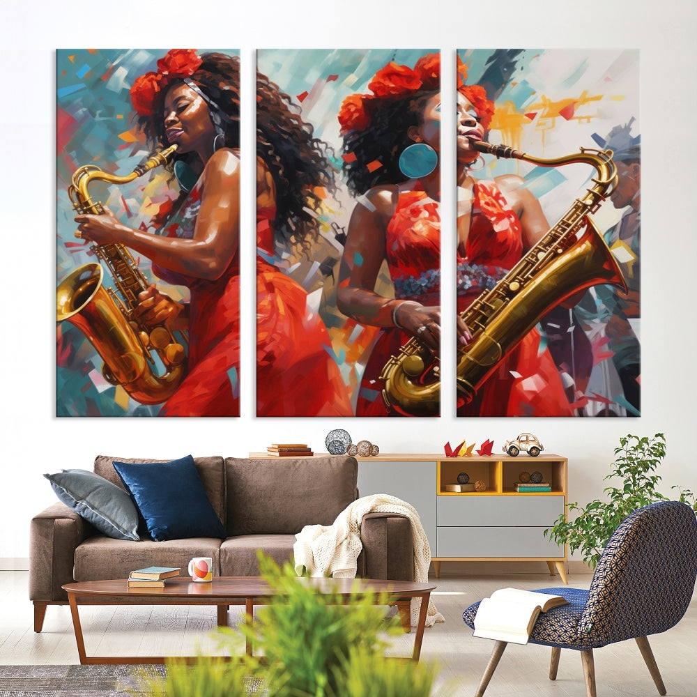 The "Abstract African American Saxophonist Musician Women Wall Art" features a three-panel design depicting two women in red dresses playing saxophones. This premium canvas boasts a gallery-quality finish that enhances any living space with its vibrant charm.