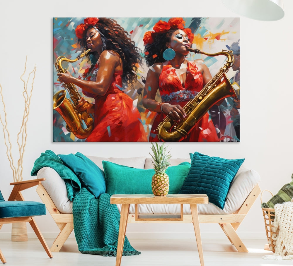 The "Abstract African American Saxophonist Musician Women Wall Art" features a three-panel design depicting two women in red dresses playing saxophones. This premium canvas boasts a gallery-quality finish that enhances any living space with its vibrant charm.