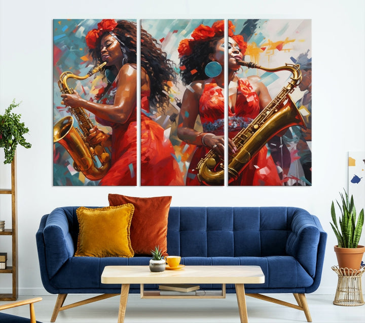 The "Abstract African American Saxophonist Musician Women Wall Art" features a three-panel design depicting two women in red dresses playing saxophones. This premium canvas boasts a gallery-quality finish that enhances any living space with its vibrant charm.