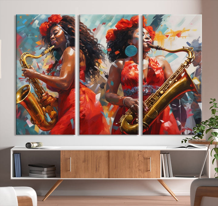 The "Abstract African American Saxophonist Musician Women Wall Art" features a three-panel design depicting two women in red dresses playing saxophones. This premium canvas boasts a gallery-quality finish that enhances any living space with its vibrant charm.