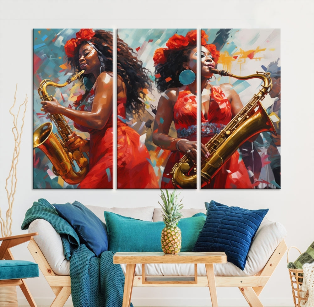 The "Abstract African American Saxophonist Musician Women Wall Art" features a three-panel design depicting two women in red dresses playing saxophones. This premium canvas boasts a gallery-quality finish that enhances any living space with its vibrant charm.