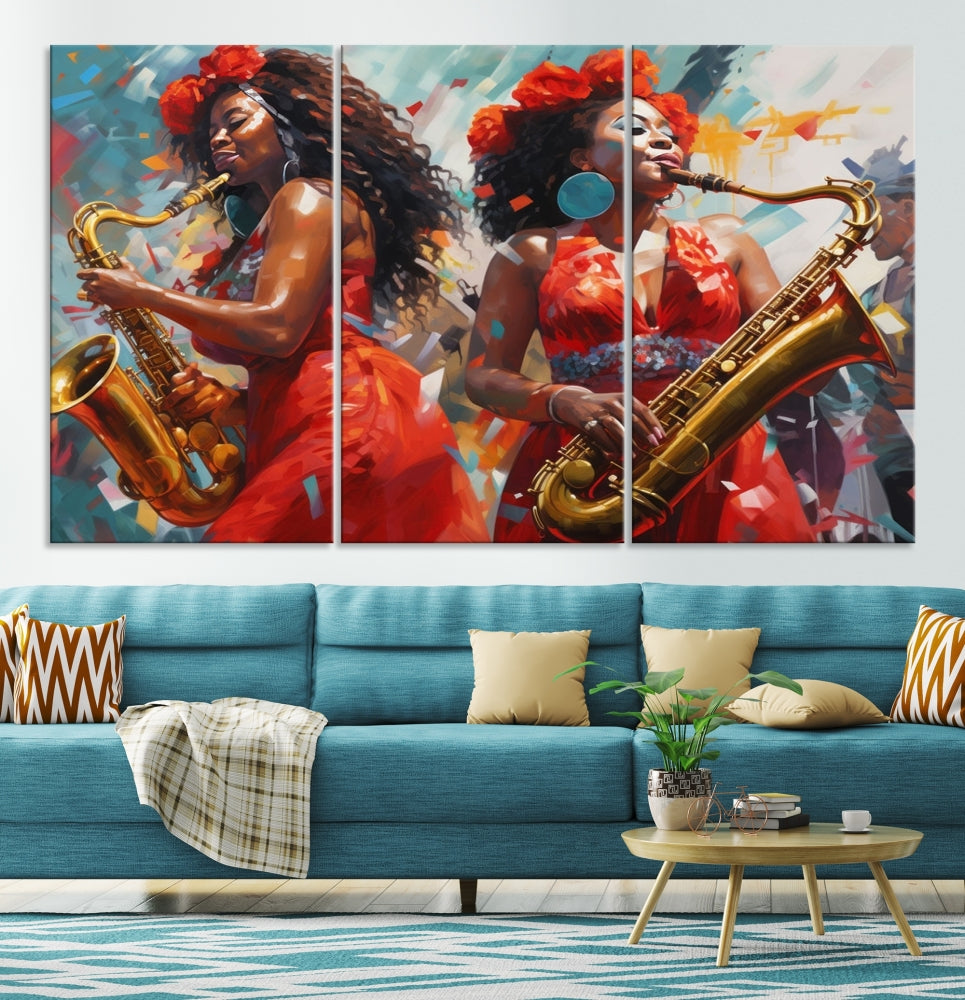 The "Abstract African American Saxophonist Musician Women Wall Art" features a three-panel design depicting two women in red dresses playing saxophones. This premium canvas boasts a gallery-quality finish that enhances any living space with its vibrant charm.