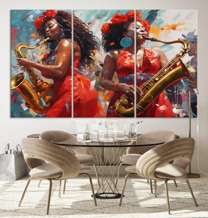 The "Abstract African American Saxophonist Musician Women Wall Art" features a three-panel design depicting two women in red dresses playing saxophones. This premium canvas boasts a gallery-quality finish that enhances any living space with its vibrant charm.