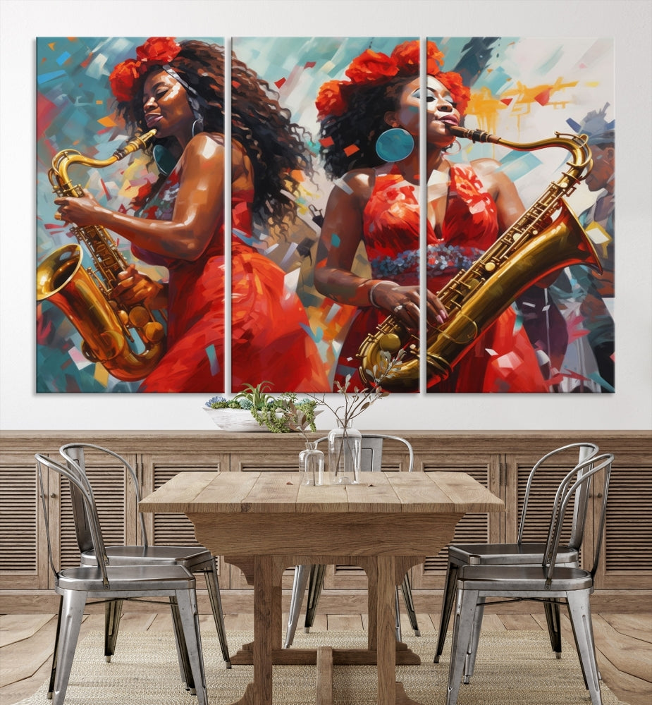 The "Abstract African American Saxophonist Musician Women Wall Art" features a three-panel design depicting two women in red dresses playing saxophones. This premium canvas boasts a gallery-quality finish that enhances any living space with its vibrant charm.