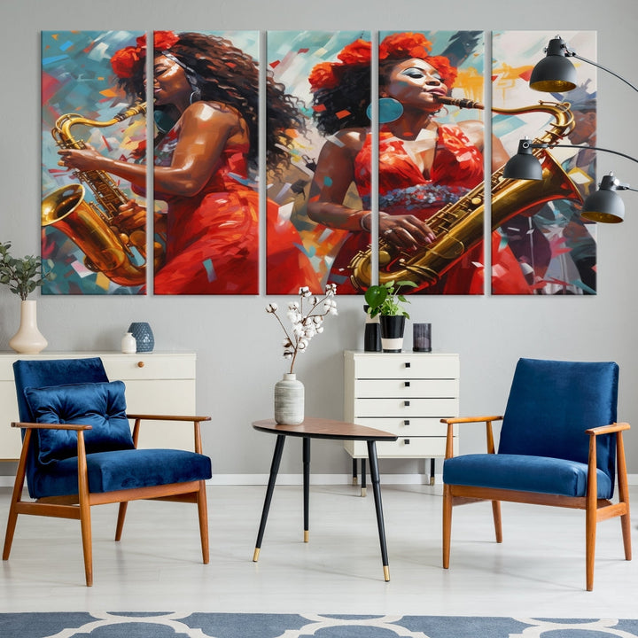 The "Abstract African American Saxophonist Musician Women Wall Art" features a three-panel design depicting two women in red dresses playing saxophones. This premium canvas boasts a gallery-quality finish that enhances any living space with its vibrant charm.