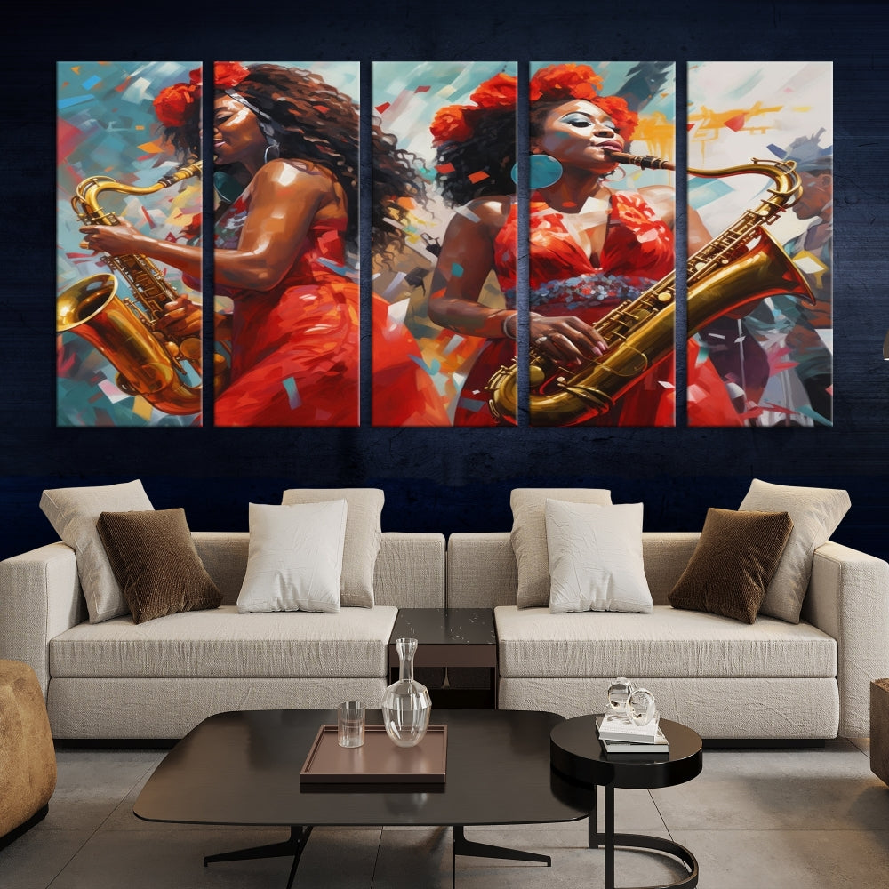 The "Abstract African American Saxophonist Musician Women Wall Art" features a three-panel design depicting two women in red dresses playing saxophones. This premium canvas boasts a gallery-quality finish that enhances any living space with its vibrant charm.