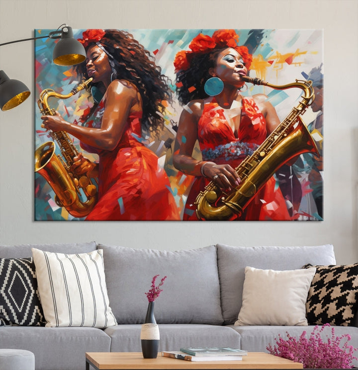 The "Abstract African American Saxophonist Musician Women Wall Art" features a three-panel design depicting two women in red dresses playing saxophones. This premium canvas boasts a gallery-quality finish that enhances any living space with its vibrant charm.