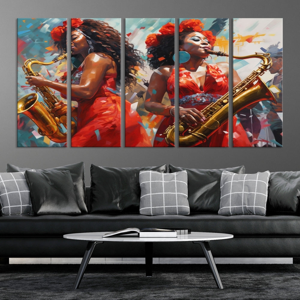 The "Abstract African American Saxophonist Musician Women Wall Art" features a three-panel design depicting two women in red dresses playing saxophones. This premium canvas boasts a gallery-quality finish that enhances any living space with its vibrant charm.