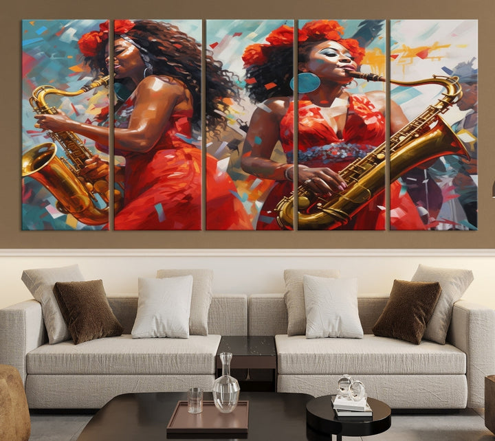 The "Abstract African American Saxophonist Musician Women Wall Art" features a three-panel design depicting two women in red dresses playing saxophones. This premium canvas boasts a gallery-quality finish that enhances any living space with its vibrant charm.