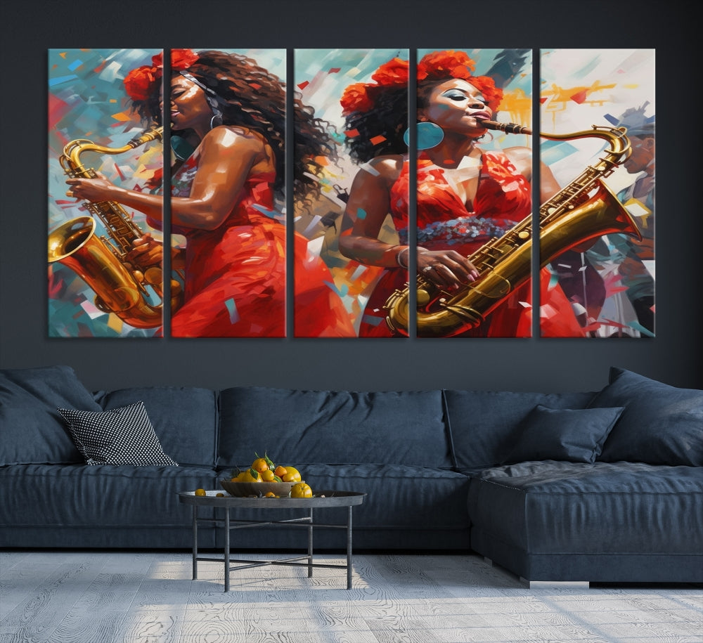 The "Abstract African American Saxophonist Musician Women Wall Art" features a three-panel design depicting two women in red dresses playing saxophones. This premium canvas boasts a gallery-quality finish that enhances any living space with its vibrant charm.