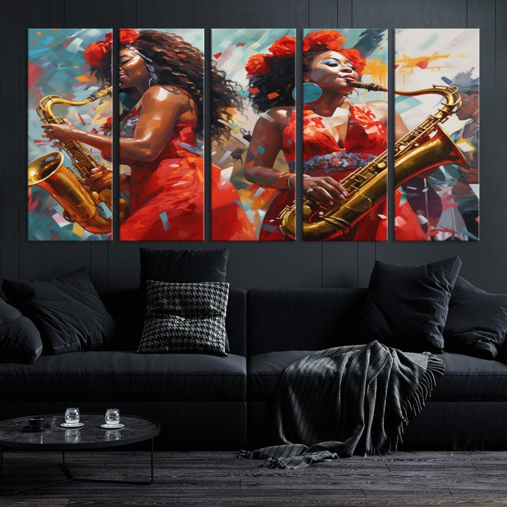 The "Abstract African American Saxophonist Musician Women Wall Art" features a three-panel design depicting two women in red dresses playing saxophones. This premium canvas boasts a gallery-quality finish that enhances any living space with its vibrant charm.