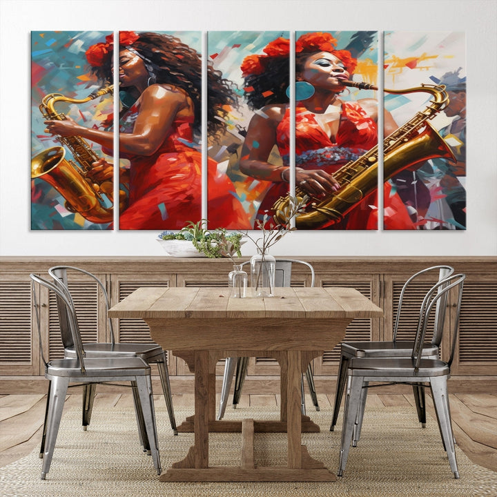 The "Abstract African American Saxophonist Musician Women Wall Art" features a three-panel design depicting two women in red dresses playing saxophones. This premium canvas boasts a gallery-quality finish that enhances any living space with its vibrant charm.