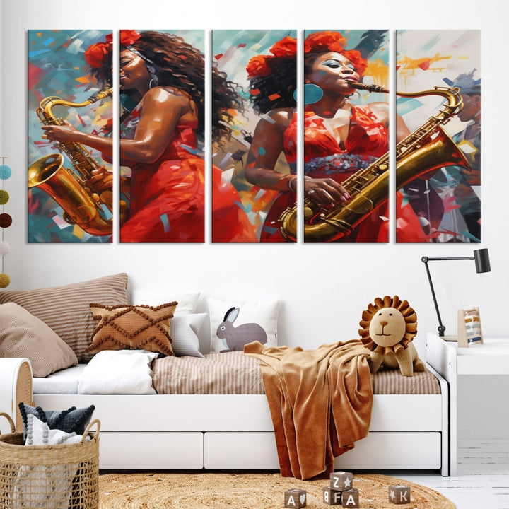 The "Abstract African American Saxophonist Musician Women Wall Art" features a three-panel design depicting two women in red dresses playing saxophones. This premium canvas boasts a gallery-quality finish that enhances any living space with its vibrant charm.