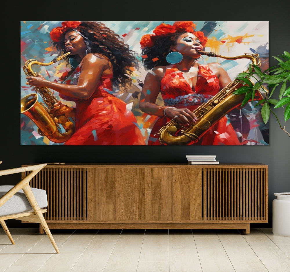 The "Abstract African American Saxophonist Musician Women Wall Art" features a three-panel design depicting two women in red dresses playing saxophones. This premium canvas boasts a gallery-quality finish that enhances any living space with its vibrant charm.