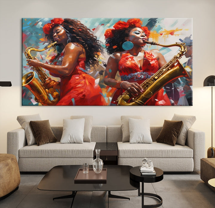 The "Abstract African American Saxophonist Musician Women Wall Art" features a three-panel design depicting two women in red dresses playing saxophones. This premium canvas boasts a gallery-quality finish that enhances any living space with its vibrant charm.