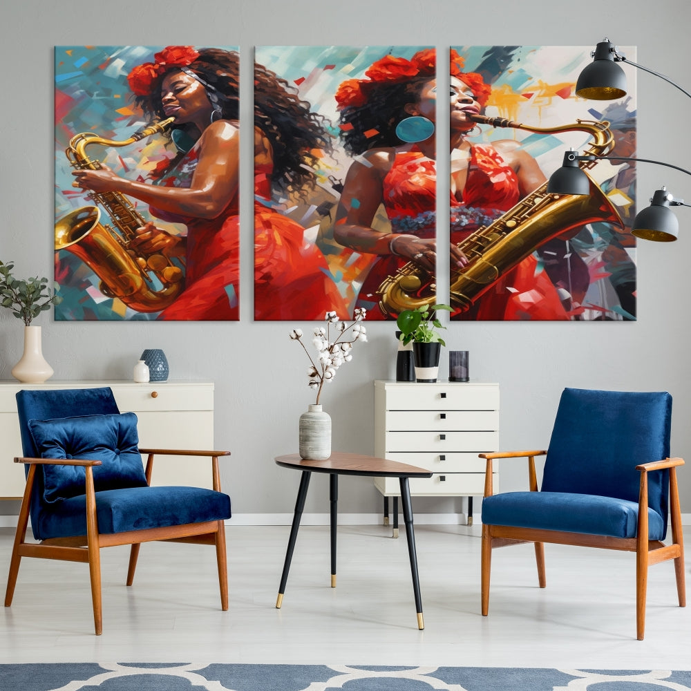 The "Abstract African American Saxophonist Musician Women Wall Art" features a three-panel design depicting two women in red dresses playing saxophones. This premium canvas boasts a gallery-quality finish that enhances any living space with its vibrant charm.