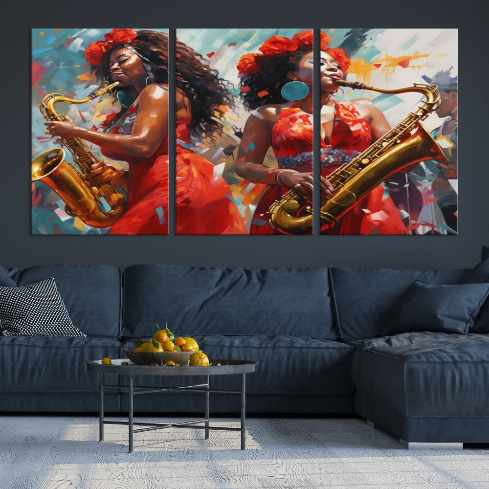 The "Abstract African American Saxophonist Musician Women Wall Art" features a three-panel design depicting two women in red dresses playing saxophones. This premium canvas boasts a gallery-quality finish that enhances any living space with its vibrant charm.