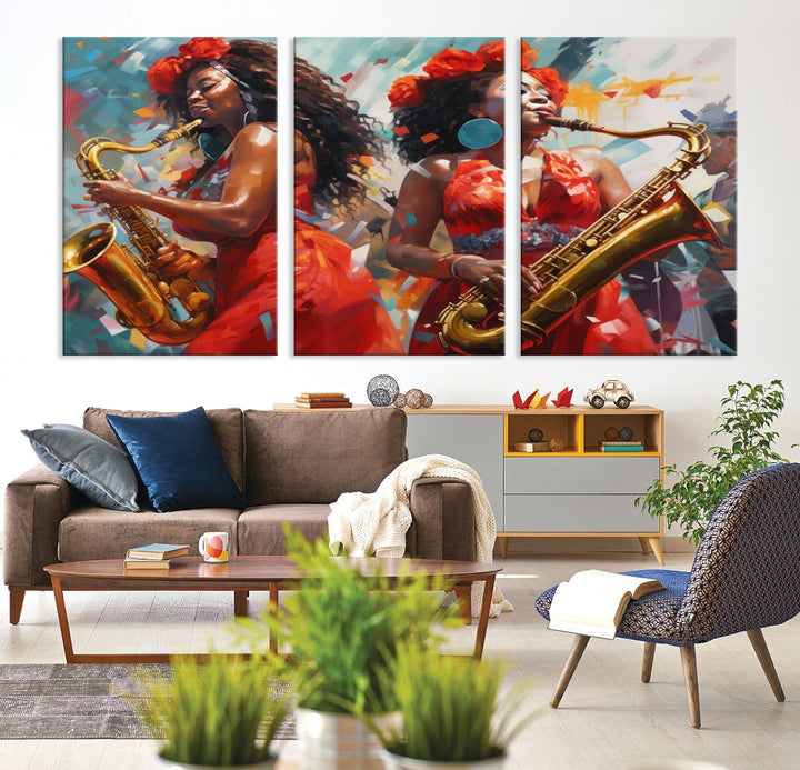 The "Abstract African American Saxophonist Musician Women Wall Art" features a three-panel design depicting two women in red dresses playing saxophones. This premium canvas boasts a gallery-quality finish that enhances any living space with its vibrant charm.