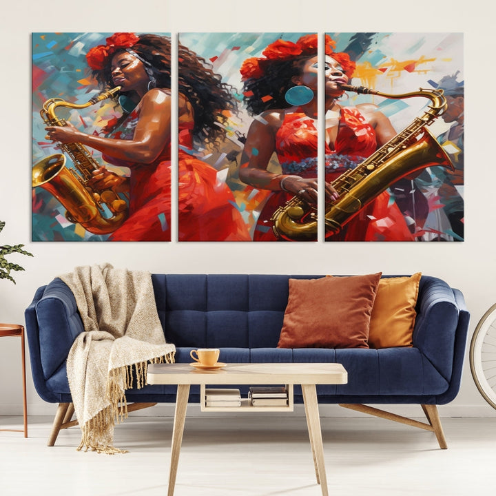 The "Abstract African American Saxophonist Musician Women Wall Art" features a three-panel design depicting two women in red dresses playing saxophones. This premium canvas boasts a gallery-quality finish that enhances any living space with its vibrant charm.