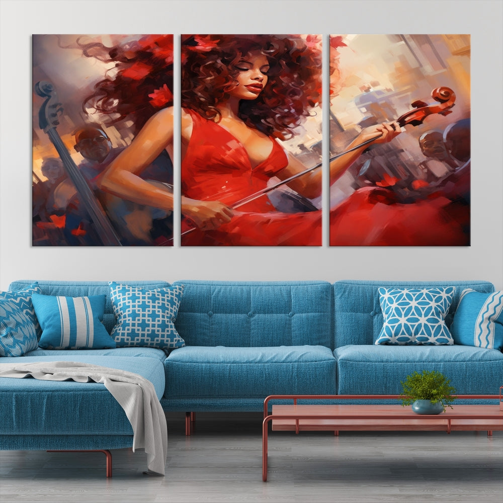 An exquisite triptych titled "Abstract African American Violin Musician Women Wall Art" adorns the room. This artwork is crafted on museum-quality canvases and showcases a gallery-wrapped design with a UV-protective coating for enduring elegance.