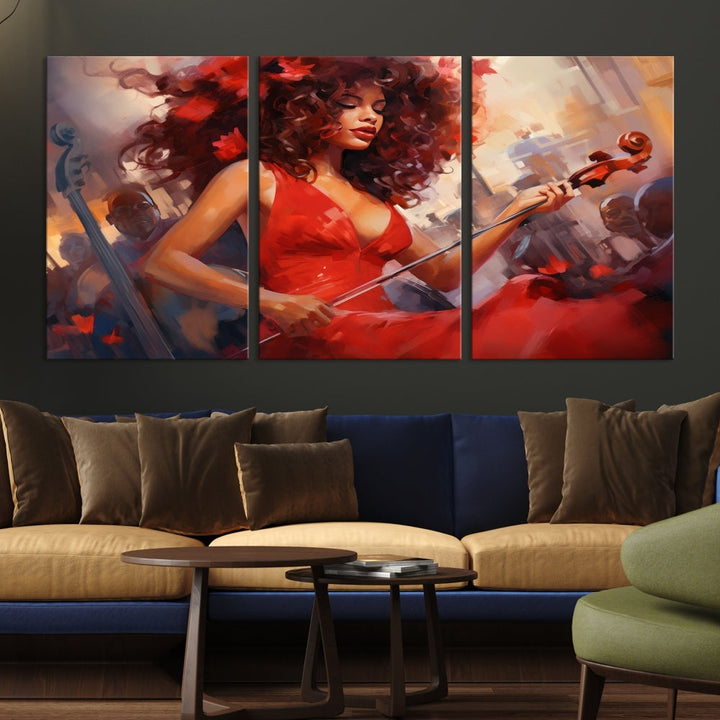 An exquisite triptych titled "Abstract African American Violin Musician Women Wall Art" adorns the room. This artwork is crafted on museum-quality canvases and showcases a gallery-wrapped design with a UV-protective coating for enduring elegance.