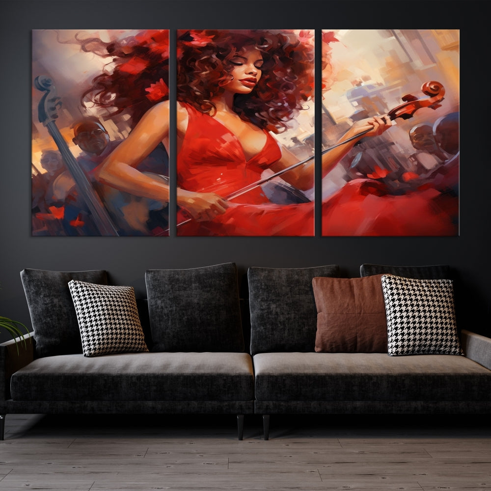 An exquisite triptych titled "Abstract African American Violin Musician Women Wall Art" adorns the room. This artwork is crafted on museum-quality canvases and showcases a gallery-wrapped design with a UV-protective coating for enduring elegance.