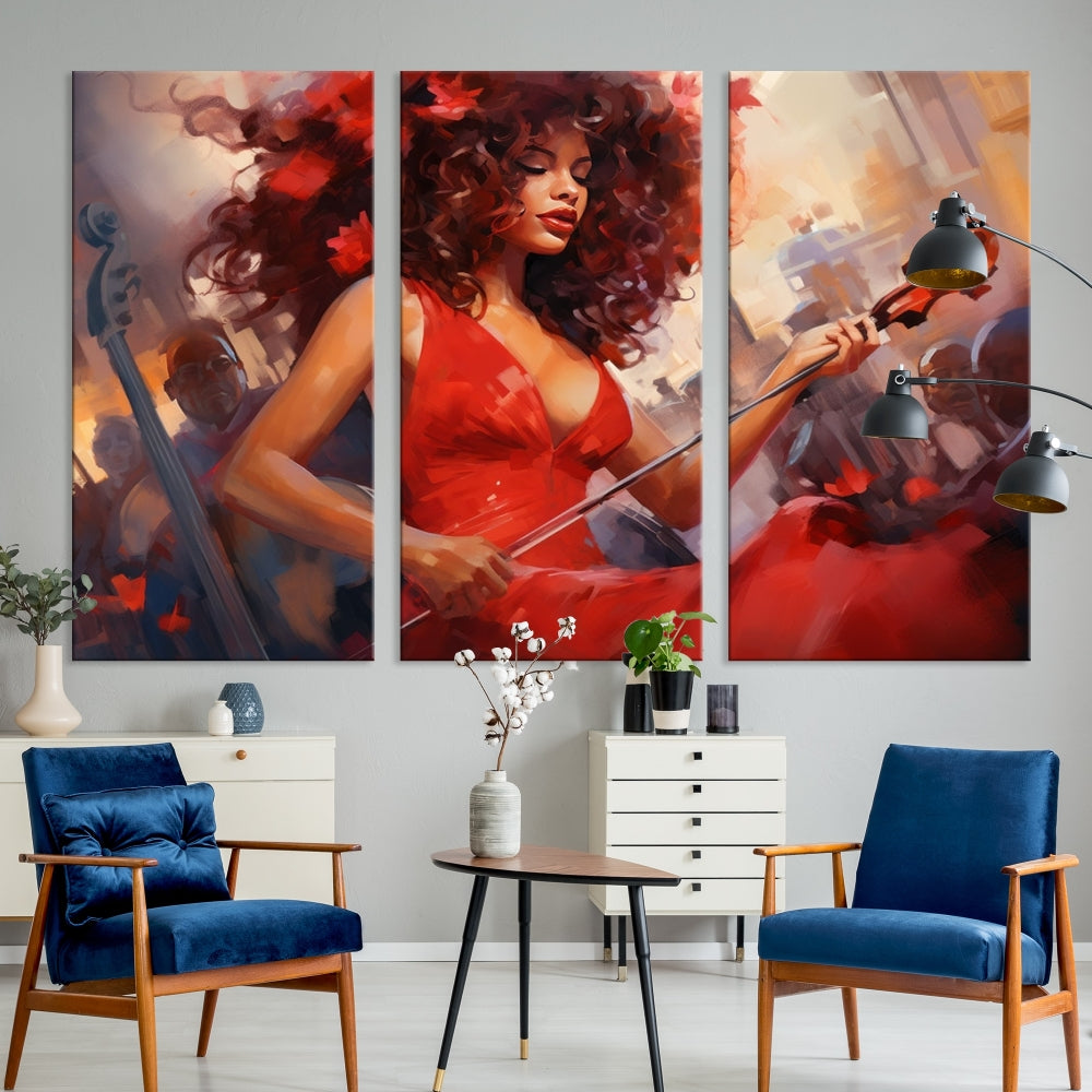 An exquisite triptych titled "Abstract African American Violin Musician Women Wall Art" adorns the room. This artwork is crafted on museum-quality canvases and showcases a gallery-wrapped design with a UV-protective coating for enduring elegance.