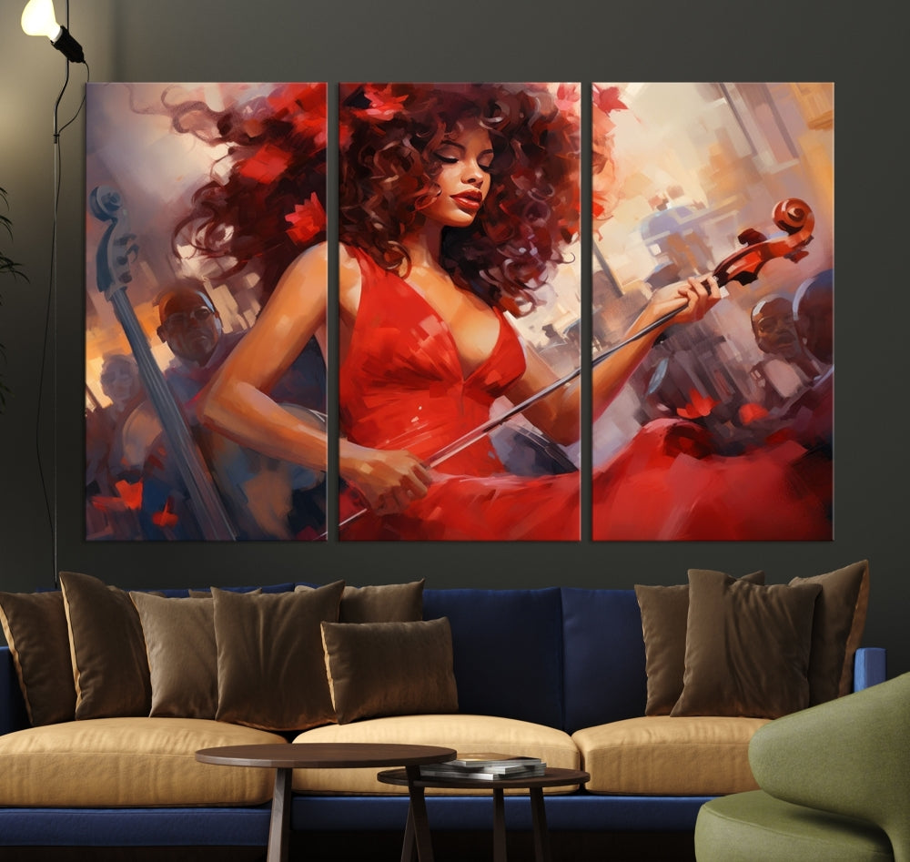 An exquisite triptych titled "Abstract African American Violin Musician Women Wall Art" adorns the room. This artwork is crafted on museum-quality canvases and showcases a gallery-wrapped design with a UV-protective coating for enduring elegance.