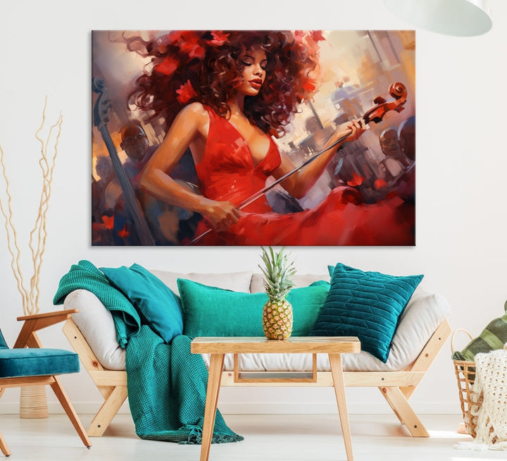 An exquisite triptych titled "Abstract African American Violin Musician Women Wall Art" adorns the room. This artwork is crafted on museum-quality canvases and showcases a gallery-wrapped design with a UV-protective coating for enduring elegance.