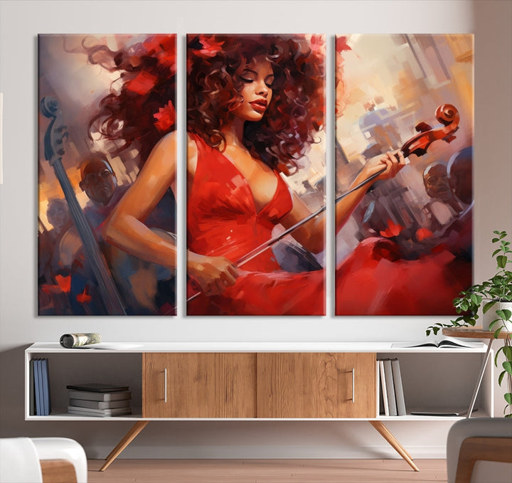 An exquisite triptych titled "Abstract African American Violin Musician Women Wall Art" adorns the room. This artwork is crafted on museum-quality canvases and showcases a gallery-wrapped design with a UV-protective coating for enduring elegance.