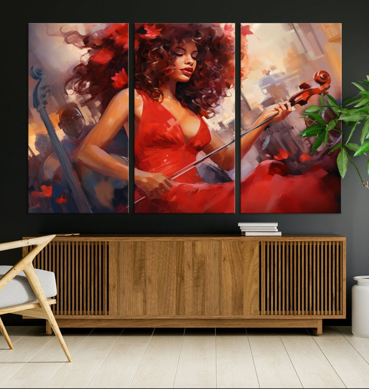 An exquisite triptych titled "Abstract African American Violin Musician Women Wall Art" adorns the room. This artwork is crafted on museum-quality canvases and showcases a gallery-wrapped design with a UV-protective coating for enduring elegance.