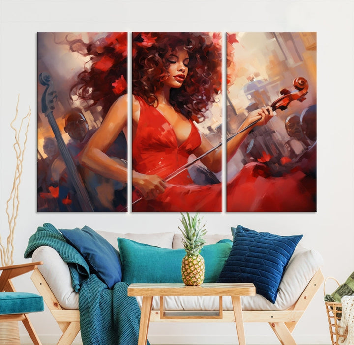 An exquisite triptych titled "Abstract African American Violin Musician Women Wall Art" adorns the room. This artwork is crafted on museum-quality canvases and showcases a gallery-wrapped design with a UV-protective coating for enduring elegance.