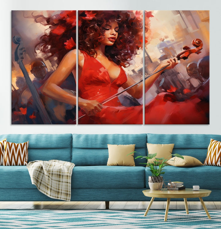 An exquisite triptych titled "Abstract African American Violin Musician Women Wall Art" adorns the room. This artwork is crafted on museum-quality canvases and showcases a gallery-wrapped design with a UV-protective coating for enduring elegance.