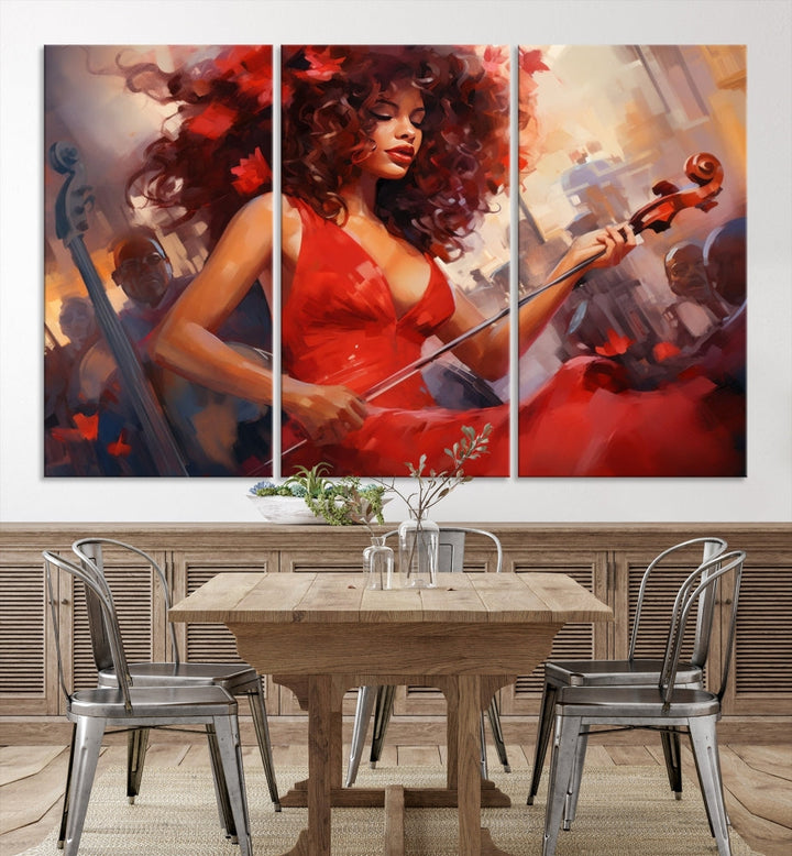 An exquisite triptych titled "Abstract African American Violin Musician Women Wall Art" adorns the room. This artwork is crafted on museum-quality canvases and showcases a gallery-wrapped design with a UV-protective coating for enduring elegance.