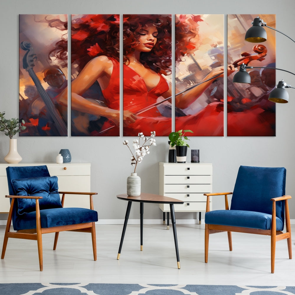 An exquisite triptych titled "Abstract African American Violin Musician Women Wall Art" adorns the room. This artwork is crafted on museum-quality canvases and showcases a gallery-wrapped design with a UV-protective coating for enduring elegance.