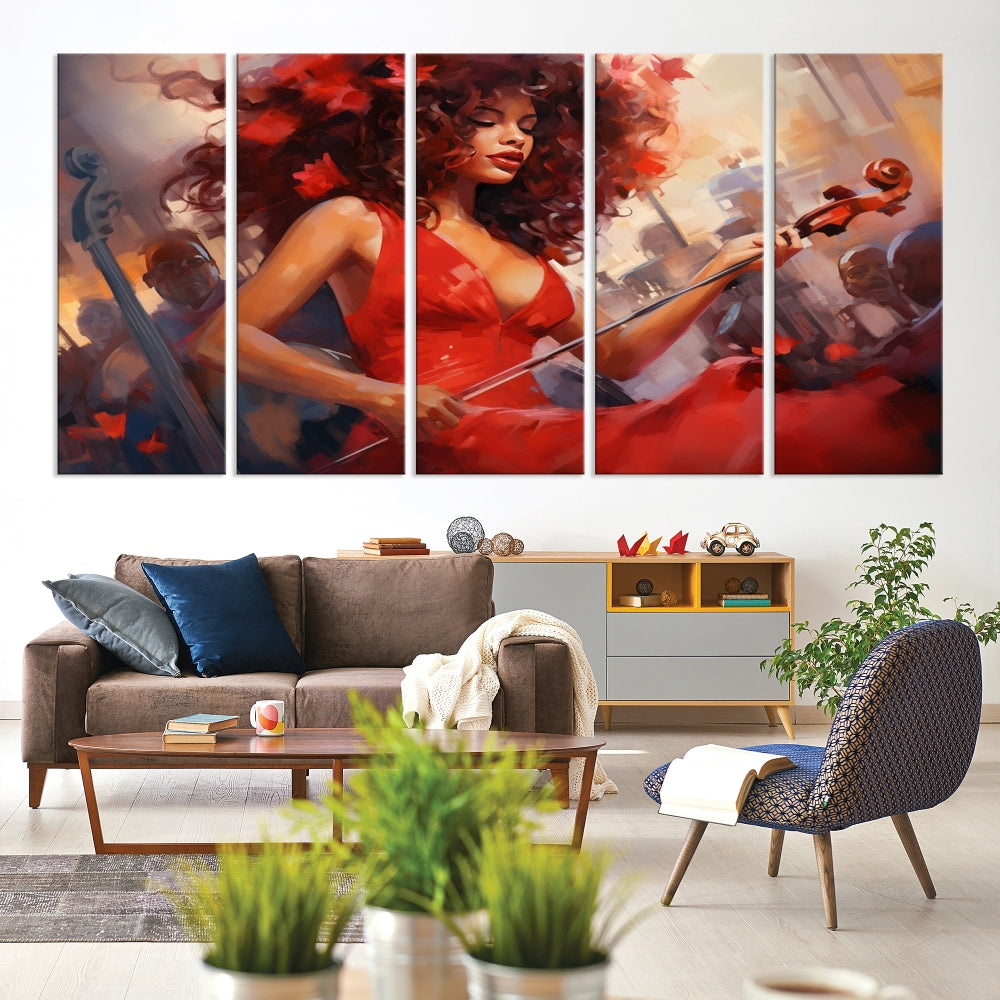 An exquisite triptych titled "Abstract African American Violin Musician Women Wall Art" adorns the room. This artwork is crafted on museum-quality canvases and showcases a gallery-wrapped design with a UV-protective coating for enduring elegance.