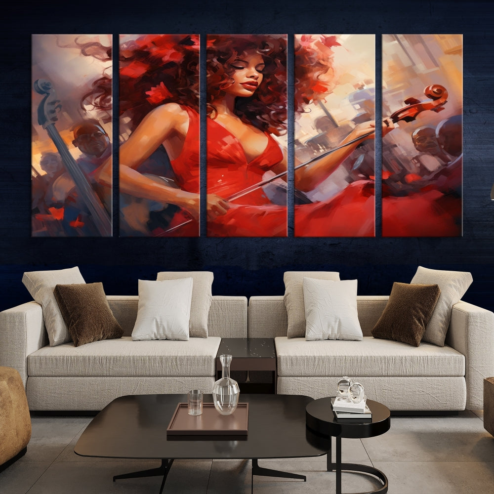 An exquisite triptych titled "Abstract African American Violin Musician Women Wall Art" adorns the room. This artwork is crafted on museum-quality canvases and showcases a gallery-wrapped design with a UV-protective coating for enduring elegance.