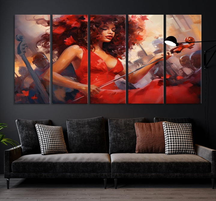 An exquisite triptych titled "Abstract African American Violin Musician Women Wall Art" adorns the room. This artwork is crafted on museum-quality canvases and showcases a gallery-wrapped design with a UV-protective coating for enduring elegance.