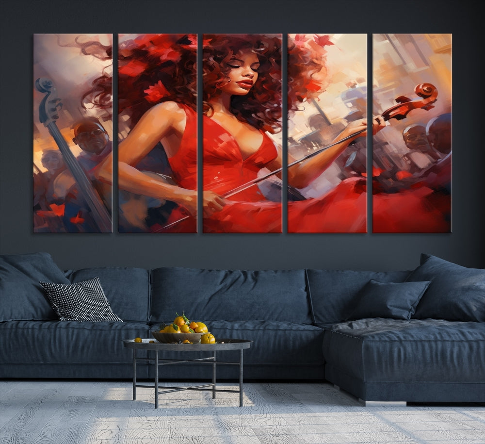 An exquisite triptych titled "Abstract African American Violin Musician Women Wall Art" adorns the room. This artwork is crafted on museum-quality canvases and showcases a gallery-wrapped design with a UV-protective coating for enduring elegance.