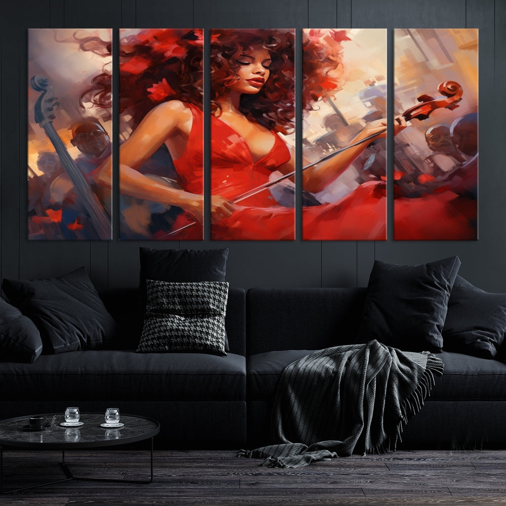 An exquisite triptych titled "Abstract African American Violin Musician Women Wall Art" adorns the room. This artwork is crafted on museum-quality canvases and showcases a gallery-wrapped design with a UV-protective coating for enduring elegance.